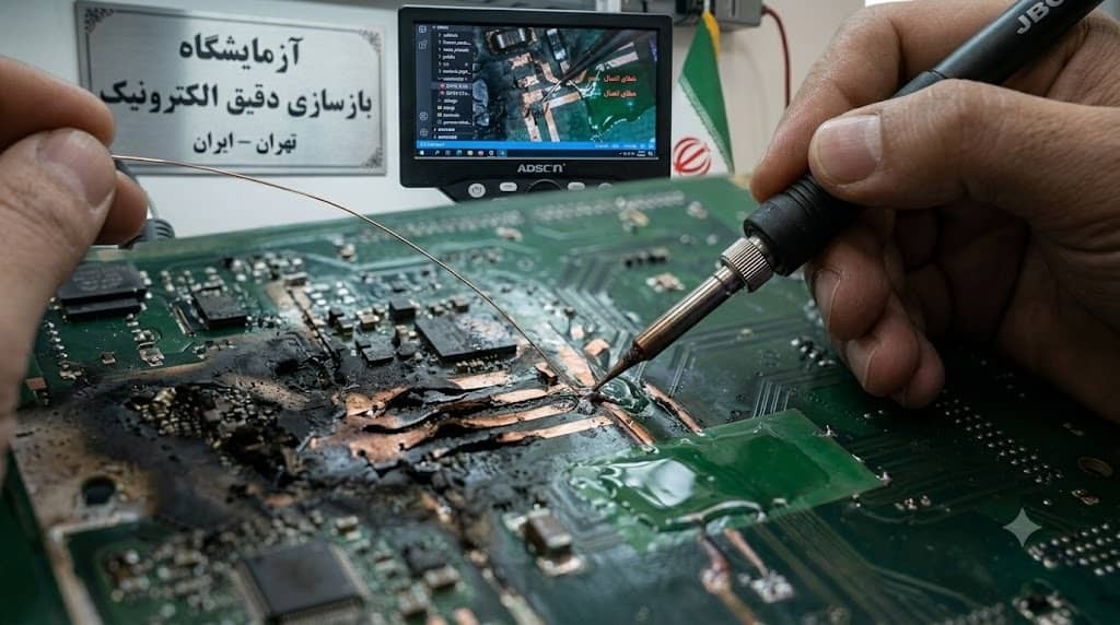 فرآیند ترمیم پد کنده شده و سیم‌کشی میکروسکوپی روی برد الکترونیکی