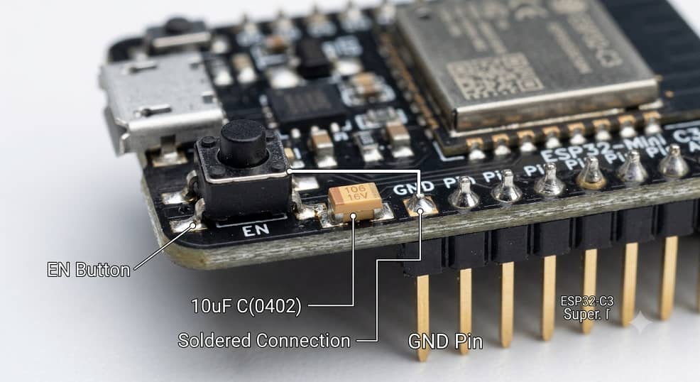 آموزش لحیم کردن خازن به دکمه EN در ماژول ESP32-C3 Super Mini برای رفع مشکل قطع و وصل پورت