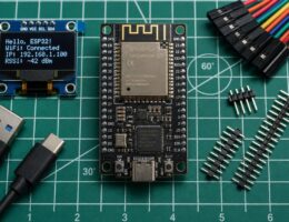 نمای نزدیک از بورد توسعه ماژول esp32 wroom به همراه قطعات جانبی اینترنت اشیاء روی میز کار.