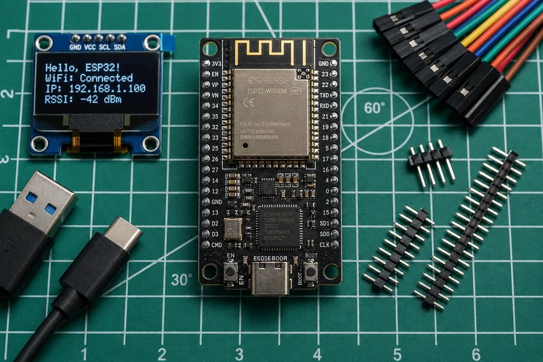 نمای نزدیک از بورد توسعه ماژول esp32 wroom به همراه قطعات جانبی اینترنت اشیاء روی میز کار.