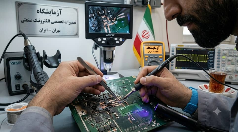 مراحل تعمیر بردهای سوخته و سیم‌کشی میکروسکوپی ترک‌های قطع‌شده PCB