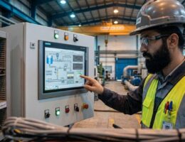 مهندس برق صنعتی در حال کار با تاچ پنل لمسی HMI و سیستم مانیتورینگ
