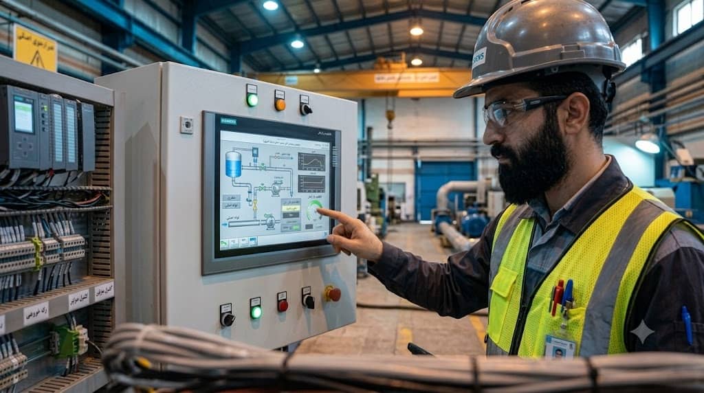 مهندس برق صنعتی در حال کار با تاچ پنل لمسی HMI و سیستم مانیتورینگ