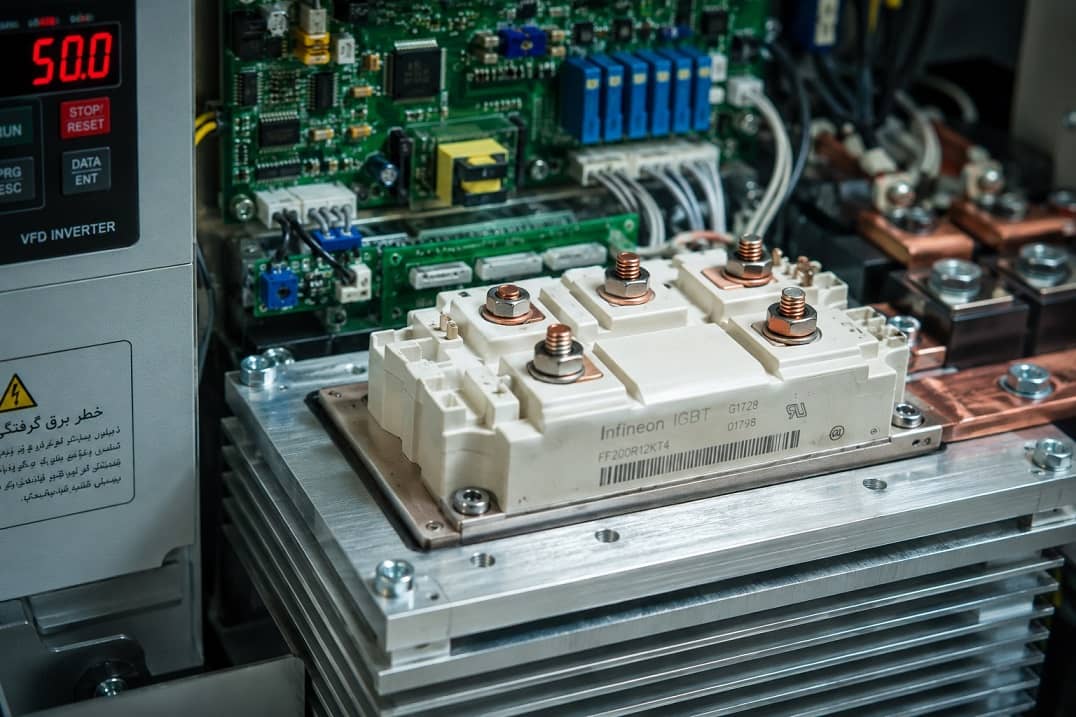 ماژول ترانزیستور قدرت IGBT و هیت‌سینک در تابلو اینورتر صنعتی اَدبینو