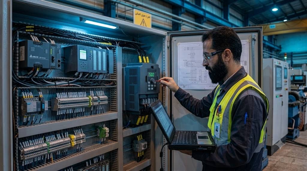 مهندس برق صنعتی در حال تنظیم و راه‌اندازی درایو کنترل دور موتور یا اینورتر