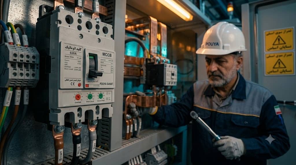 کلید اتوماتیک کمپکت سه فاز صنعتی نصب شده روی شینه‌های مسی در تابلو برق کارخانه‌ای در ایران