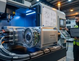 سروو موتور AC صنعتی به همراه انکودر نصب شده روی دستگاه CNC در کارخانه ایرانی