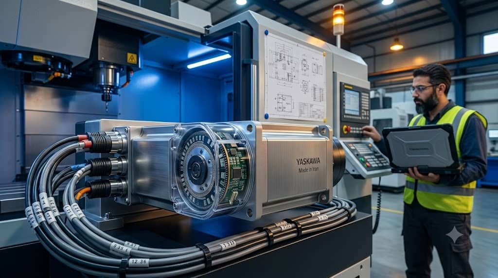 سروو موتور AC صنعتی به همراه انکودر نصب شده روی دستگاه CNC در کارخانه ایرانی