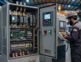 تابلو درایو صنعتی فرکانس متغیر VFD در حال راه‌اندازی الکتروموتور در کارخانه ایرانی