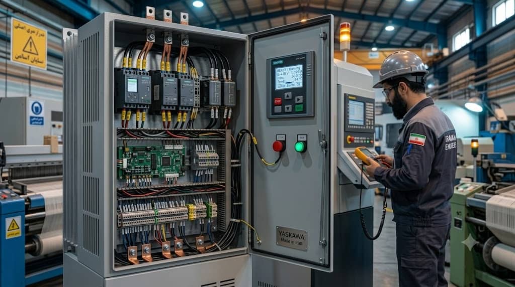 تابلو درایو صنعتی فرکانس متغیر VFD در حال راه‌اندازی الکتروموتور در کارخانه ایرانی