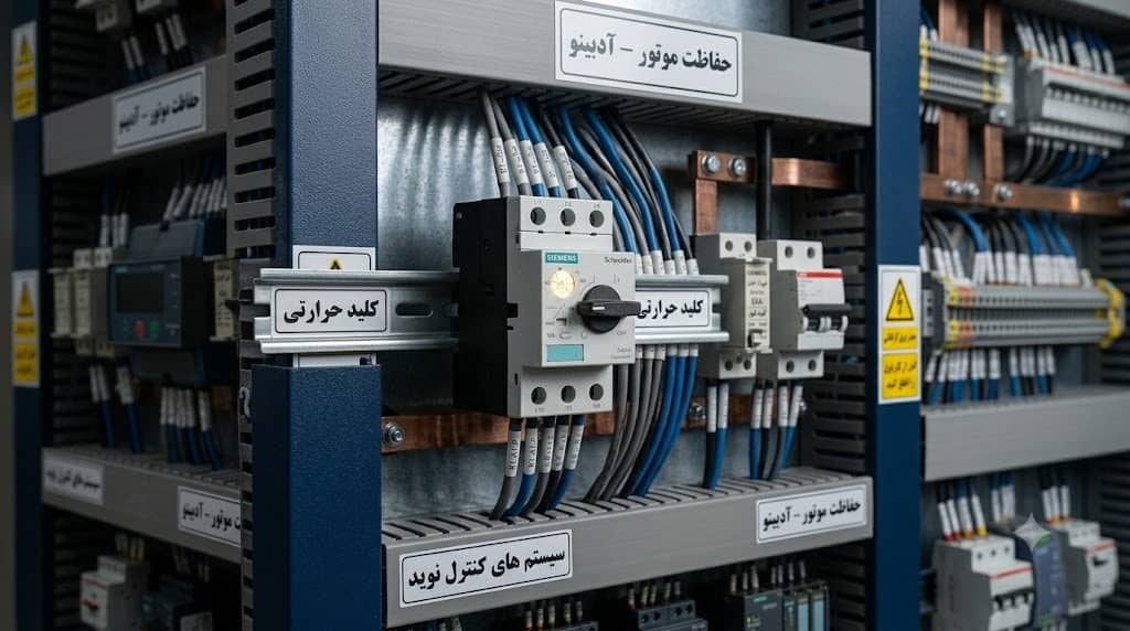 کلید حرارتی مغناطیسی MPCB اشنایدر نصب شده روی ریل تابلو برق صنعتی آدبینو
