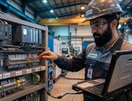 مهندس اتوماسیون در حال برنامه نویسی و تست پی ال سی PLC در تابلو برق صنعتی
