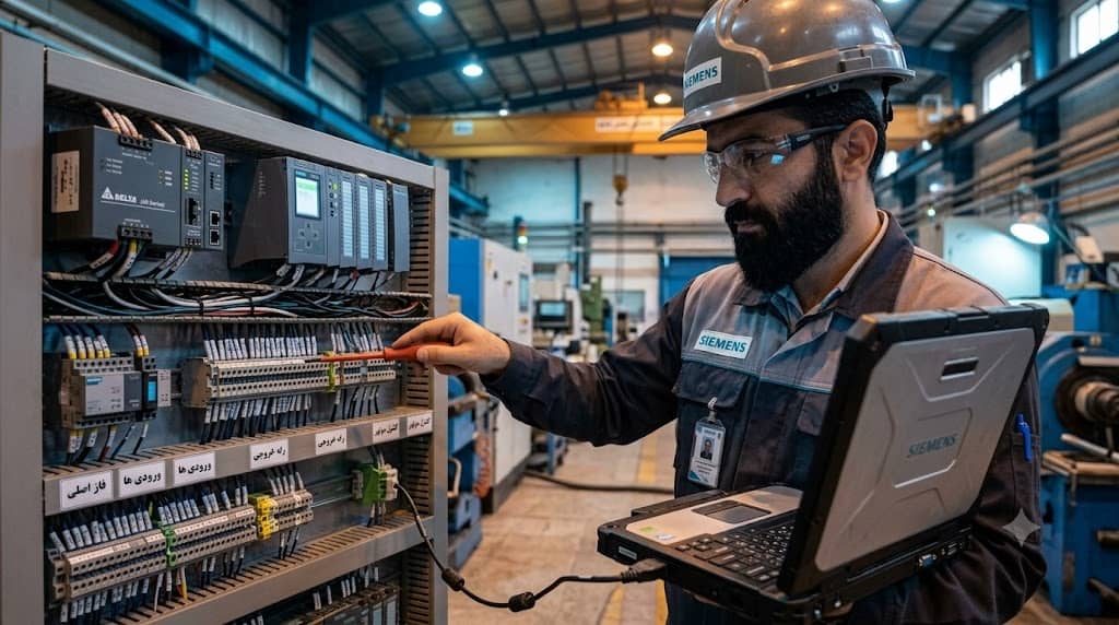 مهندس اتوماسیون در حال برنامه نویسی و تست پی ال سی PLC در تابلو برق صنعتی