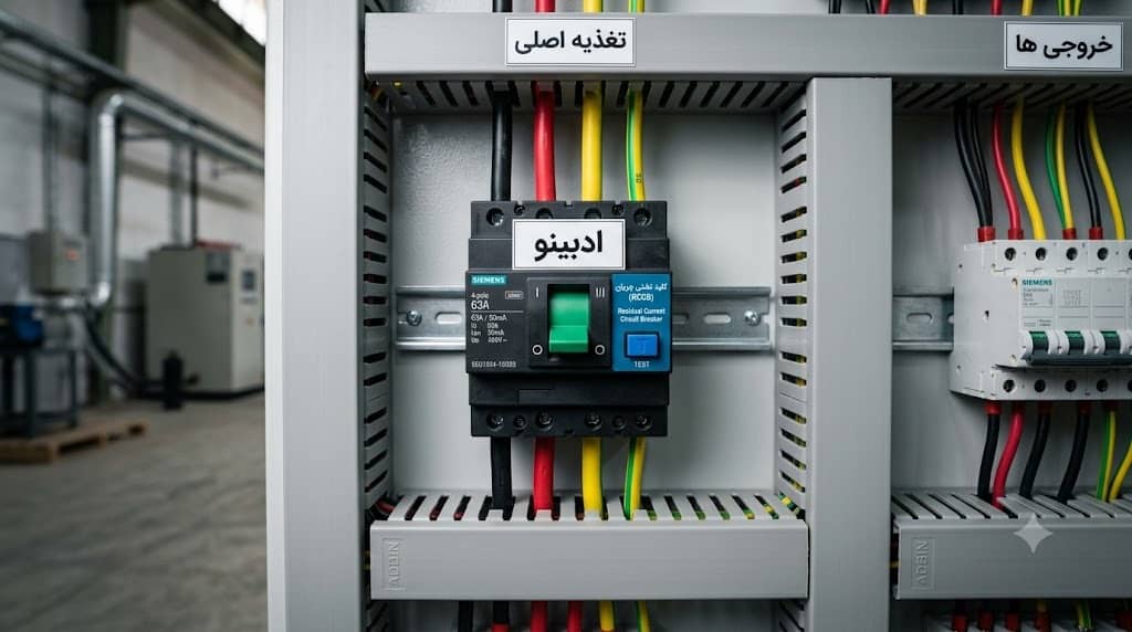 کلید نشتی جریان تخصصی RCCB و سیم‌کشی استاندارد در تابلو برق کارخانه صنعتی آدبینو