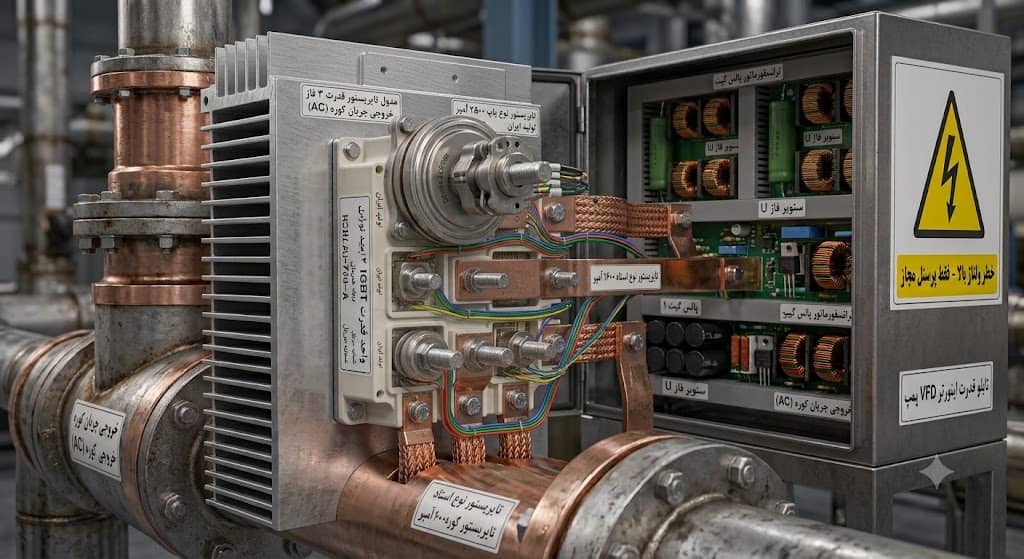 ماژول قدرتمند تریستور SCR و هیت‌سینک در تابلو کنترل برق صنعتی اَدبینو