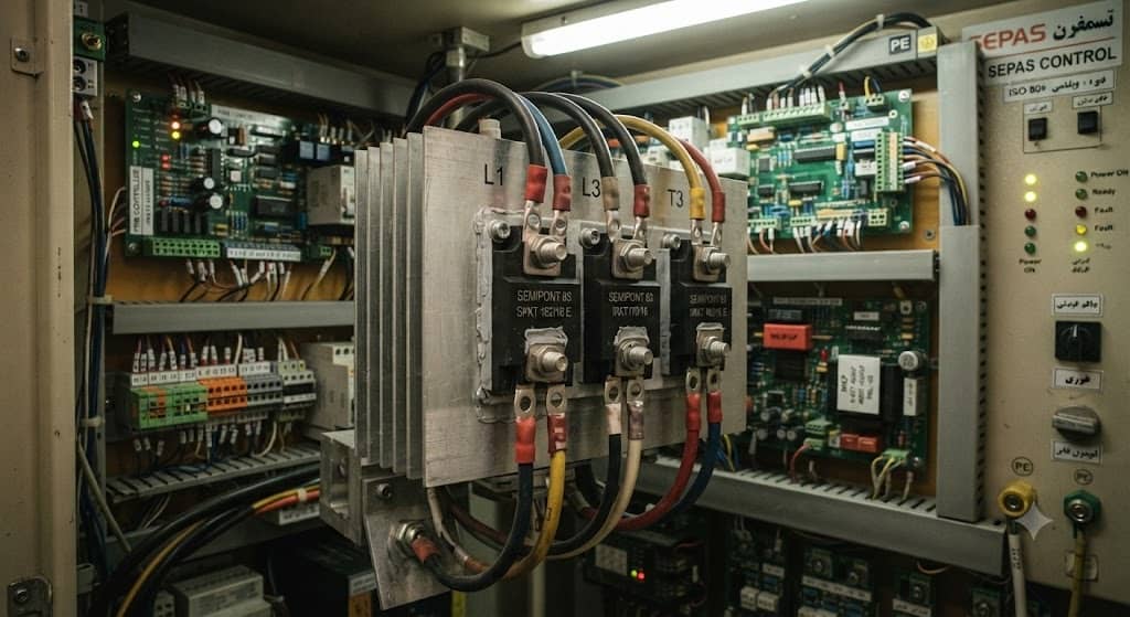ماژول تریاک TRIAC صنعتی و هیت‌سینک در تابلو کنترل برق اَدبینو