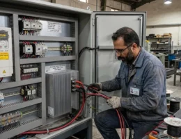 مهندس برق صنعتی ایرانی در حال سیم‌کشی و نصب مقاومت ترمز تابلو فرمان آسانسور در کارگاه اتوماسیون