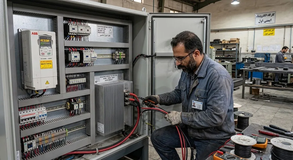 مهندس برق صنعتی ایرانی در حال سیم‌کشی و نصب مقاومت ترمز تابلو فرمان آسانسور در کارگاه اتوماسیون