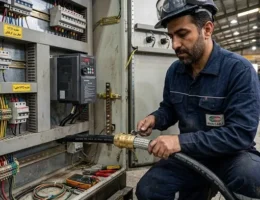 تکنسین برق صنعتی در حال نصب و زمین‌کردن ۳۶۰ درجه شیلد کابل شیلددار درایو به موتور با گلند فلزی EMV روی تابلوی برق
