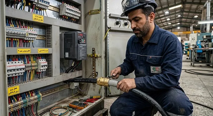 تکنسین برق صنعتی در حال نصب و زمین‌کردن ۳۶۰ درجه شیلد کابل شیلددار درایو به موتور با گلند فلزی EMV روی تابلوی برق