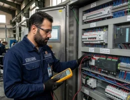 مهندس اتوماسیون صنعتی در حال تست و عیب‌یابی ولتاژی کارت ورودی دیجیتال PLC با مولتی‌متر روی تابلوی اتوماسیون