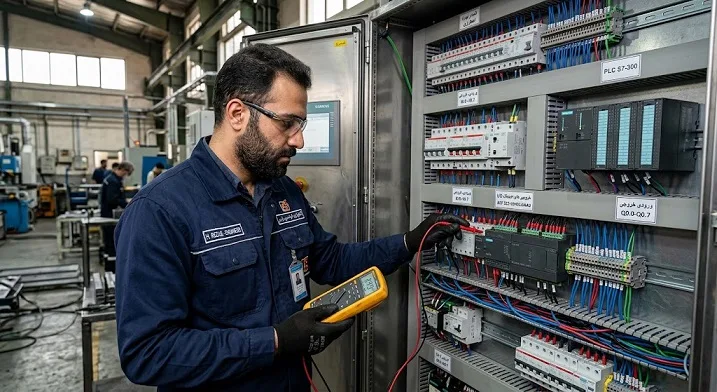 مهندس اتوماسیون صنعتی در حال تست و عیب‌یابی ولتاژی کارت ورودی دیجیتال PLC با مولتی‌متر روی تابلوی اتوماسیون