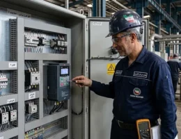 مهندس برق صنعتی در حال تنظیم پارامترهای گشتاور و Ramp Time روی کیپد اینورتر VFD در تابلوی کنترل کارخانه