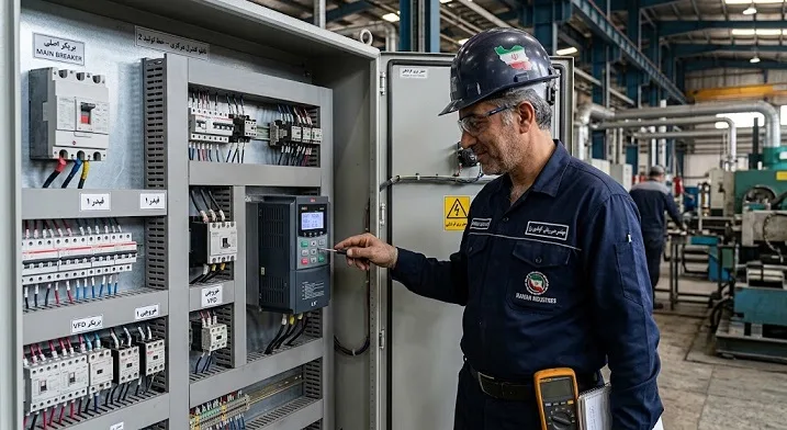 مهندس برق صنعتی در حال تنظیم پارامترهای گشتاور و Ramp Time روی کیپد اینورتر VFD در تابلوی کنترل کارخانه