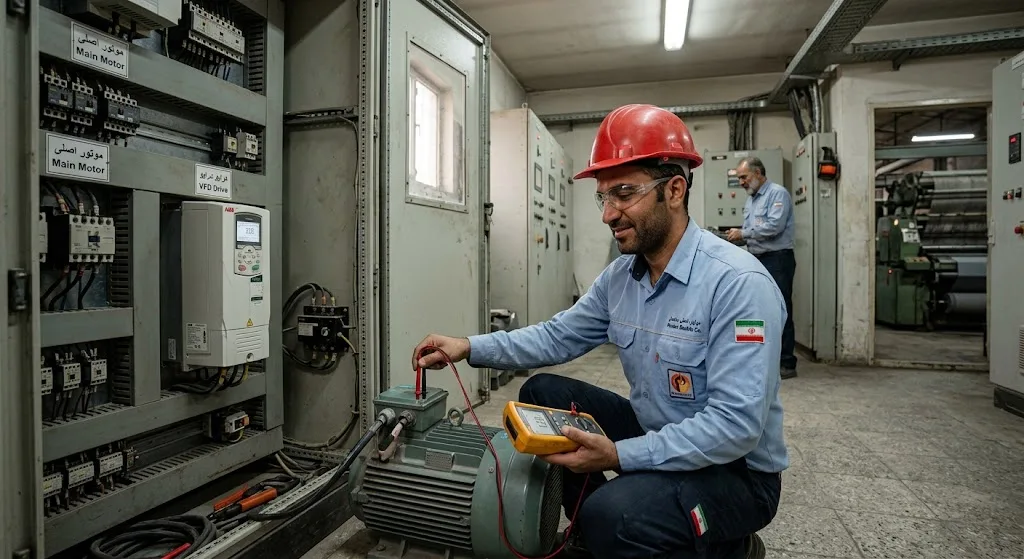 تست و عیبیابی خطای Ground Fault درایو VFD با میگر توسط مهندس برق صنعتی در تابلو برق کارخانه ایرانی