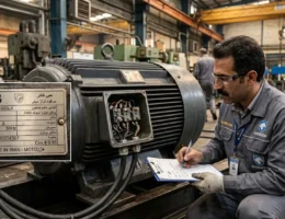مهندس برق صنعتی ایرانی در حال بررسی و پلاک‌خوانی یک الکتروموتور القایی سه فاز در کارگاه صنعتی