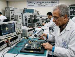 مهندس ارشد برق صنعتی ایرانی در حال اجرای تست تخلیه الکترواستاتیک (ESD) روی قطعات الکترونیکی بازار ایران با تفنگ ESD Gun در آزمایشگاه تخصصی