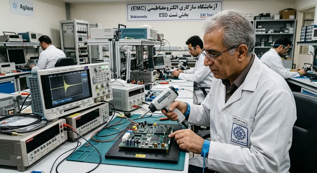 مهندس ارشد برق صنعتی ایرانی در حال اجرای تست تخلیه الکترواستاتیک (ESD) روی قطعات الکترونیکی بازار ایران با تفنگ ESD Gun در آزمایشگاه تخصصی