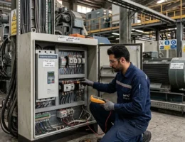 مهندس برق صنعتی ایرانی در حال بررسی و نصب سافت استارتر و تابلو برق موتور توان بالا در کارخانه صنعتی