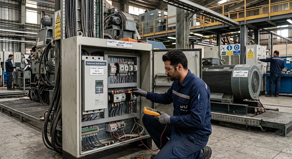 مهندس برق صنعتی ایرانی در حال بررسی و نصب سافت استارتر و تابلو برق موتور توان بالا در کارخانه صنعتی
