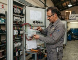 مهندس برق ایرانی در حال نصب و جانمایی برقگیرهای کلاس I و II بر روی ریل دین تابلوبرق صنعتی در کارگاه تابلوپیوستگی و ایمنی