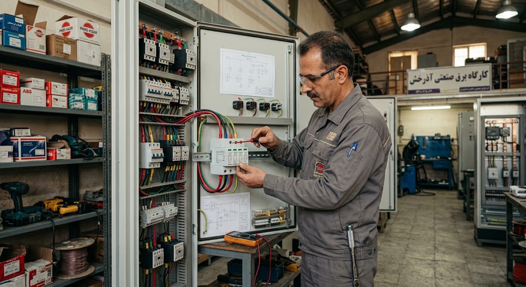 مهندس برق ایرانی در حال نصب و جانمایی برقگیرهای کلاس I و II بر روی ریل دین تابلوبرق صنعتی در کارگاه تابلوپیوستگی و ایمنی