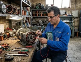 مهندس برق ایرانی در حال تست سلامت و عیب‌یابی کلید گریز از مرکز مکانیکی الکتروموتور تک‌فاز در کارگاه سیم‌پیچی