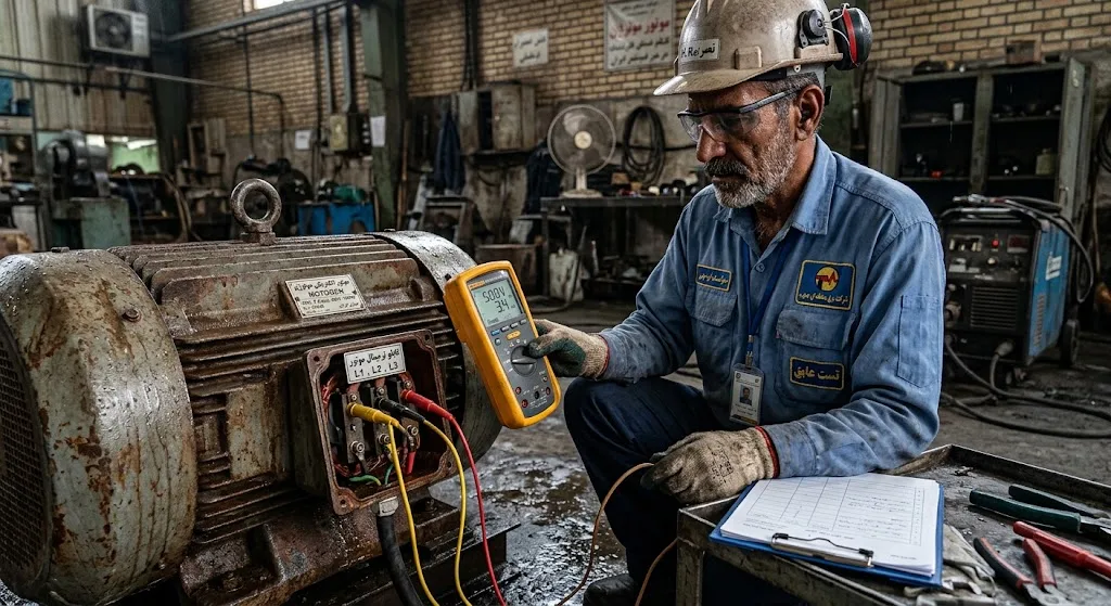 مهندس ارشد برق صنعتی ایرانی در حال انجام تست مقاومت عایقی سیم‌پیچ الکتروموتور با دستگاه میگر در محیط مرطوب صنعتی